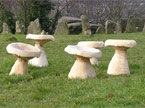 Five mushrooms arranged next to an aincient rock structure